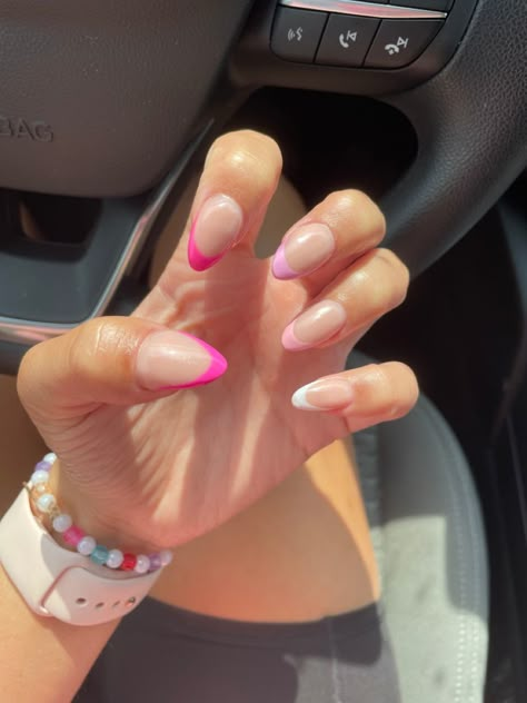 Shades Of Pink French Nails, Ombre French Tip Nails Color, Multi Color Pink French Tip Nails, Pink Gradient French Nails, Pink Monochrome French Tip Nails, Pink French Tip Different Shades, Multi Colored Pink French Tip Nails, Multi Pink French Tip Nails, Different Pinks French Tip Nails