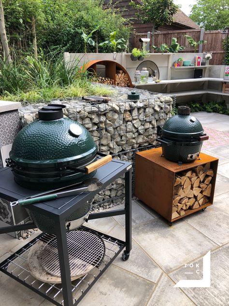 Corten steel Big green egg Minimax stand and modular nest. Kamado grill stands. Concrete WWOO kitchen. Displayed at TOKC showroom.