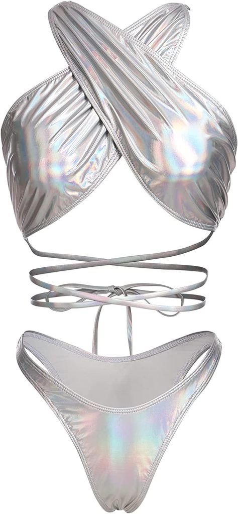 Amazon.com: Women Rave Shiny Outfit Hologram Strappy Bikini Sets Criss Cross Halter Bra Top Panty Bottom 2 Piece Swimsuits Festival Clothes Dancewear Silver Small : Clothing, Shoes & Jewelry Metallic Swimsuit, Halter Bra Top, Festival Clothes, Halter Bra, Shiny Clothes, 2 Piece Swimsuits, Bra Top, Festival Outfits, Dance Wear