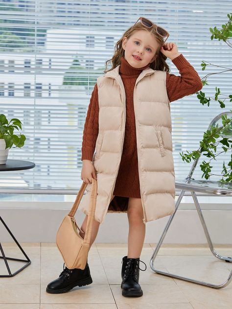 Khaki Casual Collar Sleeveless Woven Fabric Plain vest,Puffer Embellished Non-Stretch  Young Girls Clothing Vest Puffer, Chaleco Casual, Plain Vest, Shein Kids, Vest Coat, Winter Coats, Puffer Vest, Girls Clothing, Winter Coat