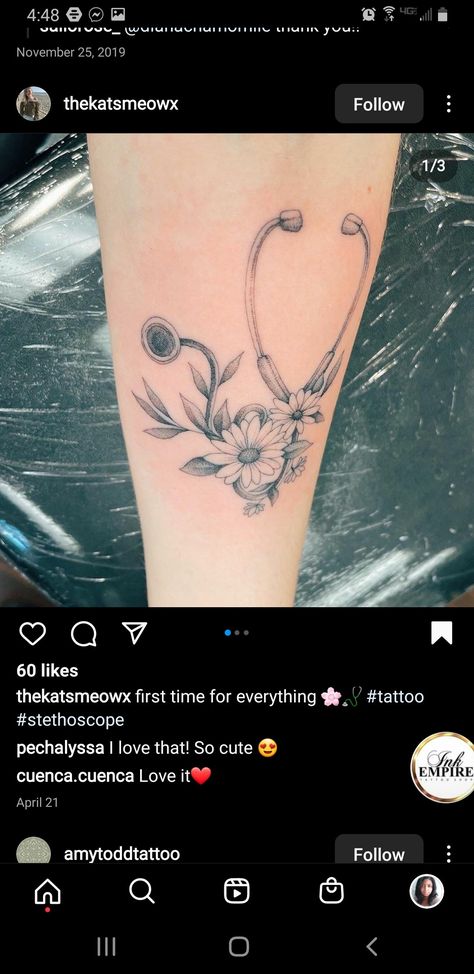 Floral Nursing Tattoo, Nursing Student Tattoo Ideas, Stethoscope Flower Tattoo, Anesthesiologist Tattoo Ideas, Stethoscope With Flowers Tattoo, Stethescope Tattoo Simple, Floral Nurse Tattoo, Nurse Tattoos For Women, Tattoos For Nurses