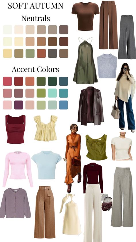 Warm Autumn Outfits Color Palettes, Light Autumn Color Palette Outfits, Soft Autumn Outfits Color Palettes, Soft Autumn Worst Colors, Soft Autumn Colour Combinations, Soft Autumn Romantic Style, Soft Autumn Jeans, Soft Autumn Inspiration, Soft Autumn Soft Natural