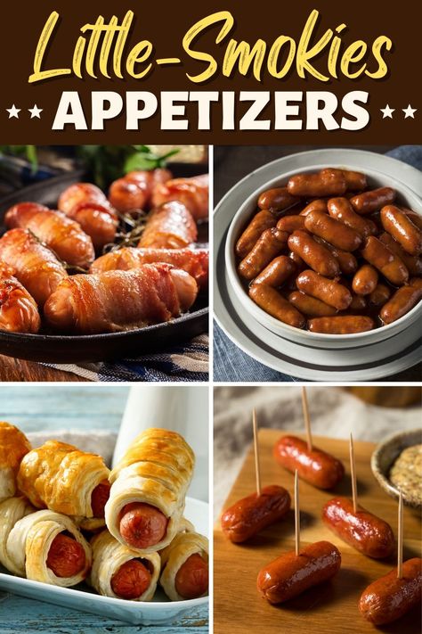 These little smokies appetizers will make you feel like a kid again! From barbecue to pigs in a blanket to slow cooker smokies, you can't go wrong when you serve these little links. Smokey Appetizers, Little Smokies Appetizers, Smokies Appetizers, Cocktail Sausage Recipes, Bacon Wrapped Lil Smokies, Lil Smokies Recipes, Little Smokies Recipes, Smokies Recipe, Lil Smokies