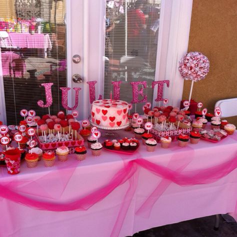 Pink & Red Dessert Table Pink Treat Table Birthday, Pink Snacks For Party Dessert Tables, Red Candy Table, Shades Of Pink Dessert Table, Red Dessert Table, Pink And Red Candy Table, Hot Pink Candy Table, Red Treats, Red Desserts