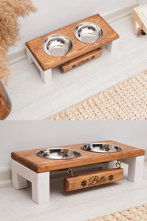 Cat Food Stand, Dog Food Stands, Diy Cat Food, Pet Bowl Stand, Dog Station, Dog Food Station, Dog Bowl Holder, Dog Feeding Station, Cool Dog Houses