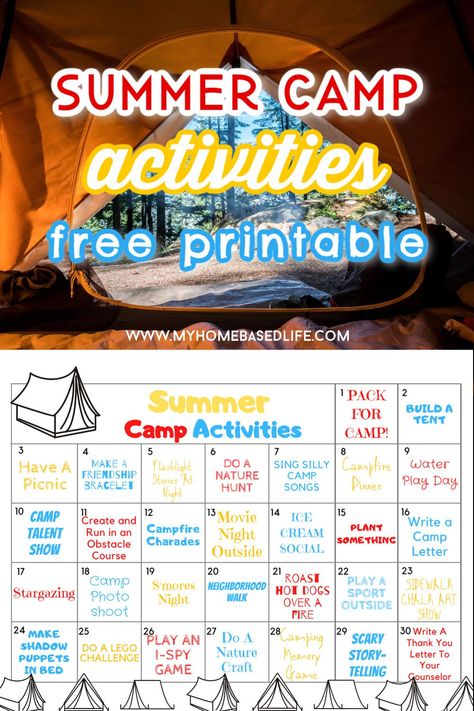 summer camp activities at home and a free printable Outdoor Camp Activities, Kids Camp Activities Summer, Camp Day Activities, Daycamp Activities For Kids, Summer Camp Program Ideas, Family Camp Activities, Christian Summer Camp Themes, Camp Themes Summer, Camping For Kids Activities