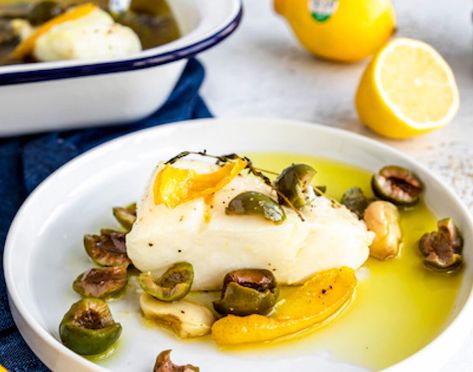 Olive Oil Poached White Fish with Lemons and Green Olives-1 Oil Poached Fish, Poached White Fish Recipes, Olive Oil Poached Fish, Poached Cod, Fish Fillet Recipe, Poached Fish, Mediterranean Fish Recipe, Gluten Free Fish, Basil Olive Oil