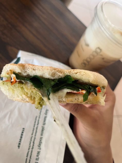 Starbucks panini aesthetic Starbucks Panini Recipe, Focaccia Panini, Panini Aesthetic, Starbucks Panini, Starbucks Gouda Sandwich, Starbucks Mozzarella Panini, Tomato Mozzarella, Mozzarella