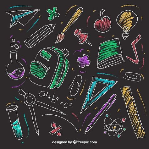 Chalkboard School Art, Chalkboard Art Classroom, Back To School Chalkboard Art, School Chalkboard Art, Chalkboard Clipart, School Elements, Chalkboard Doodles, Space Doodles, Blackboard Art