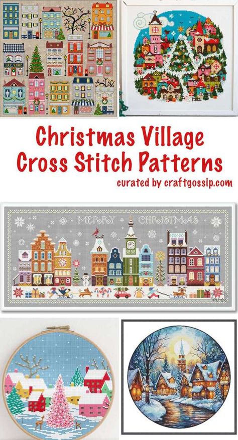 Christmas Village Cross Stitch Patterns – Cross-Stitch Christmas Village Cross Stitch, Village Cross Stitch, Pink Cross Stitch, Christmas Cross Stitch Patterns Free, Large Cross Stitch Patterns, Free Cross Stitch Designs, Candles Diy, Vintage Cross Stitch Pattern, Rainy Day Crafts