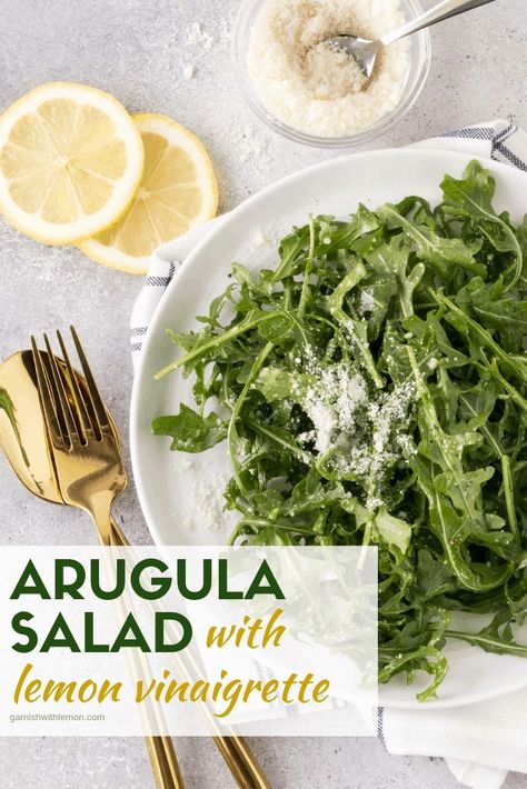 You won't believe the flavor that is packed into this 5 ingredient Arugula Salad with Lemon Vinaigrette! Alkaline Salads, Easy Arugula Salad, Salad With Lemon Vinaigrette, Pasta Salad With Spinach, Homemade Balsamic Vinaigrette, Arugula Recipes, Arugula Salad Recipes, Lemon Salad, Spinach Salad Recipes