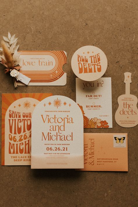 Beautifully Boho Astrology Inspired Wedding | Junebug Weddings Boho Retro Wedding Invitations, Wedding Invitations Festival, Retro Orange Wedding, Terracotta Lavender Wedding, Funky Wedding Invites, Wedding Invitations Retro, Retro Invitation Design, 70’s Wedding, Retro Wedding Invites