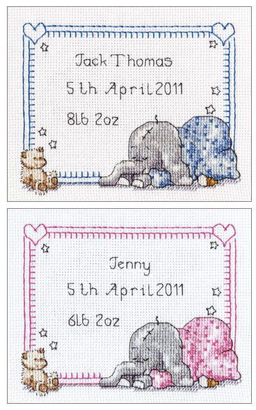 Sleepy Baby Birth Sampler Cross Stitch Kit | sewandso Birth Cross Stitch, Elephant Cross Stitch, Birth Sampler, Sampler Cross Stitch, Baby Cross Stitch Patterns, Baby Elephants, Cross Stitch Letters, Baby Quilt Patterns, Baby Cross