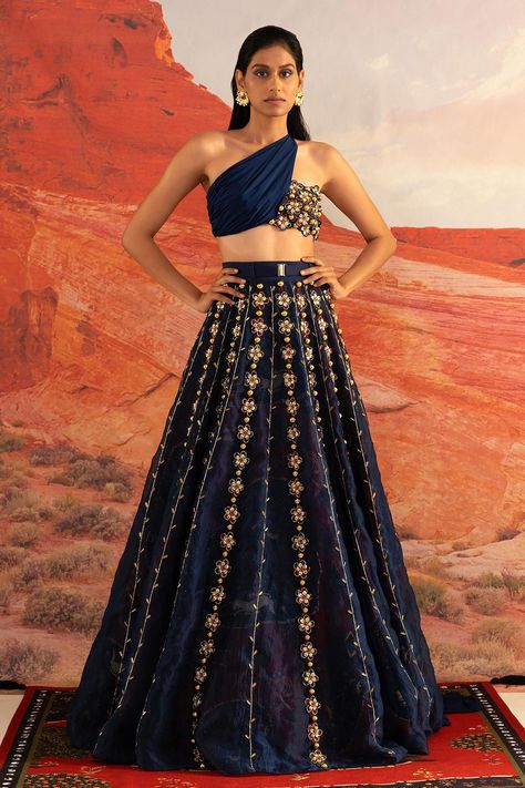 Shop for Shivan & Narresh Blue One Shoulder Bustier for Women Online at Aza Fashions Heavy Lehngas, Western Lengha, Shivan Narresh, Lehenga Blue, Baju Kahwin, Lehenga Design, Indian Outfits Lehenga, Lehenga Designs Simple, Gaun Fashion