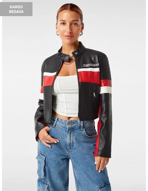 Racer Jacket Outfit Women, Racing Jacket Outfit, Motorcycle Jacket Outfit, Biker Jacket Outfit, Bershka Jacket, Jacket Outfit Women, Womens Biker Jacket, Racer Jacket, Biker Outfit