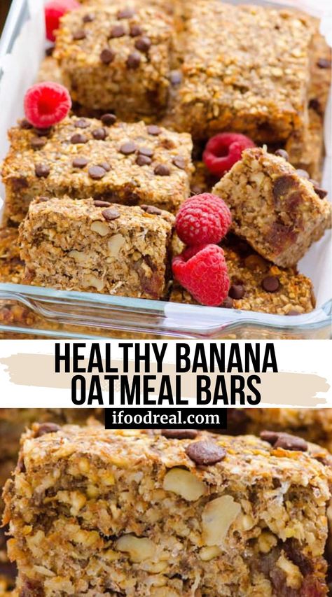 Healthy Banana Oatmeal Bars are made with ripe bananas, oats, dates, and all the delicious add-ins you like in your morning bowl of oats! A portable quick and easy breakfast or healthy snacks idea. Banana Oat Bars Recipe, Healthy Breakfast Bars Recipes Protein, What To Make With Ripe Bananas Healthy, Healthy Recipes With Ripe Bananas, Banana Oatmeal Bars Healthy, Banana Oatmeal Recipes, Oatmeal Banana Bars, Ripe Banana Recipes Healthy, Banana Breakfast Bars