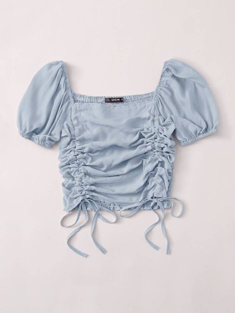 Shirred Back Drawstring Ruched Milkmaid Top | SHEIN USA Euphoria Style, Blusas Crop Top, Milkmaid Top, Shein Brasil, Top Shein, Blue Crop Tops, Pretty Prom Dresses, Summer Crop Tops, Plain Tops