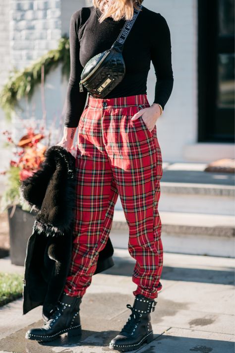 Plaid Pants   Faux Fur - my kind of sweet | christmas outfit ideas | holiday outfits | comfy outfits | christmas outfits | women's style | women's fashion | mom style | moto boots | belt bag | fanny pack | outfits | outfit inspiration #christmasoutfit #holidayoutfit #outfits #outfitideas #outfitinspiration #casualstyle #momstyle #womensfashion Red Plaid Outfits For Women, Red Plaid Pants Outfit, Christmas Looks Outfits, Fanny Pack Outfits, Red Plaid Outfit, Tomgirl Outfits, Outfit Ideas Holiday, Christmas Clothing Ideas, Christmas Outfit Casual