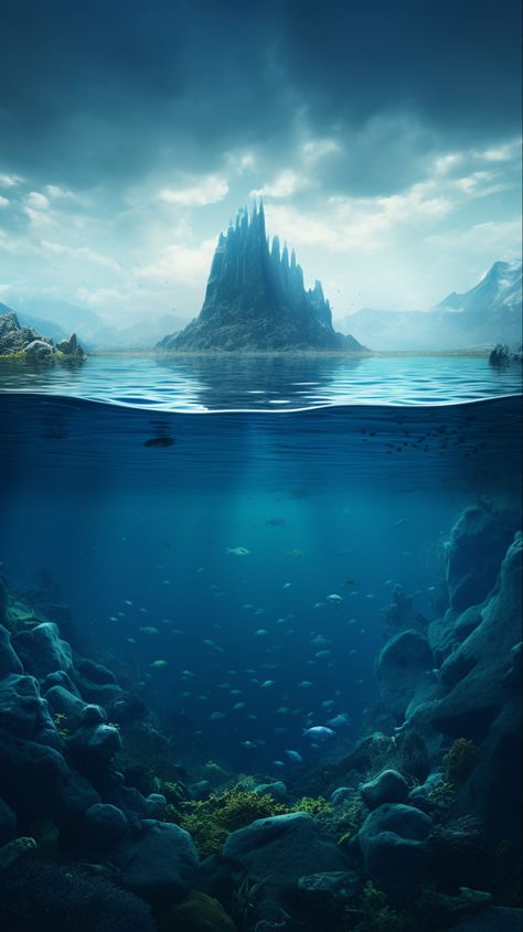 Fantasy Underwater Art, Magical Nature Art, Underwater World Aesthetic, Above And Below Water Art, Underwater At Night, Under Water Digital Art, Underwater Art Background, Underwater Base, Underwater Background Landscape