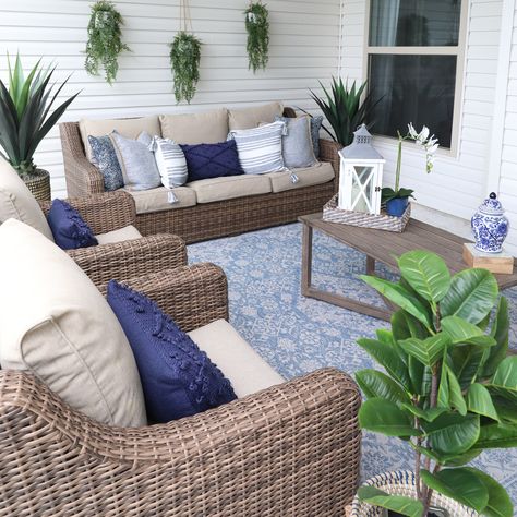 Blue Patio Decor, Blue Patio Furniture, Outdoor Decorating Ideas, Small Outdoor Patios, Farmhouse Patio, Blue Patio, Beach Patio, Patio Inspiration, Patio Pillows