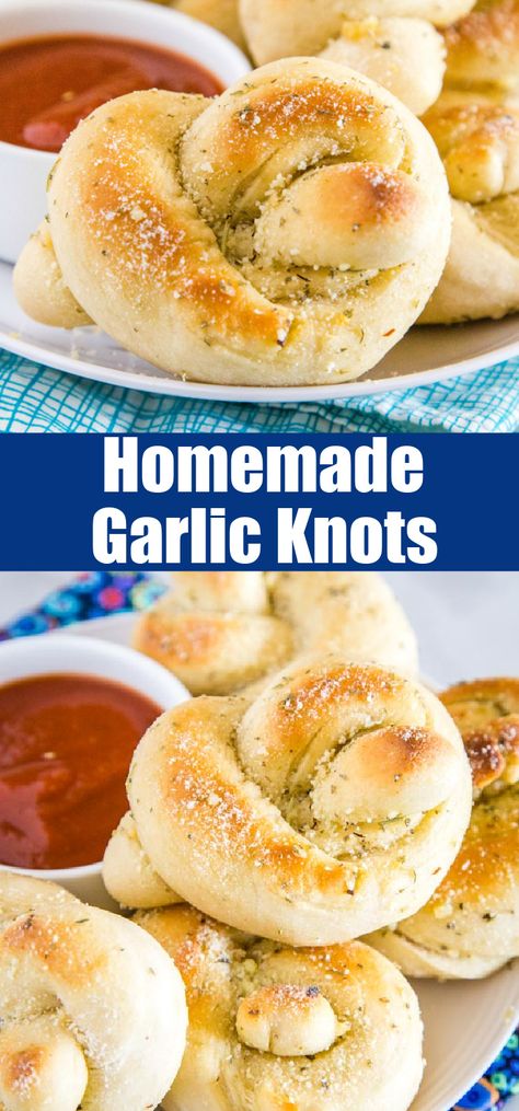 Easy Garlic Knots - homemade garlic knots are so much easier than you think to make.  Super light, fluffy and smothered in a garlic butter sauce and plenty of Parmesan cheese! Garlic Cheese Knots, Cheesey Recipes, Easy Garlic Knots, Homemade Garlic Knots, Pecan Bread, Garlic Knots Recipe, Friends Recipes, Easy To Make Appetizers, Garlic Knots