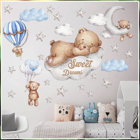 Tedy Bear Sleeping on The Moon and Stars Wall Stickers for Kids Baby Room Decor Sweet Dream Moon Hot Air Balloon Star Baby Nu Playroom Wall Decals, Starlit Sky, 80 Cartoons, Haiwan Comel, Clouds Nursery, God Natt, Bear Nursery, Twinkling Stars, Fluffy Clouds