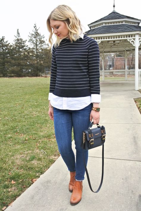 Love layering a long shirt under a short sweater for a fun, preppy look Short Sweater, Preppy Look, Style Aesthetic, Collared Shirt, Striped Sweater, Long Shirt, Sweater And Shorts, Wood Watch, Lifestyle Blog