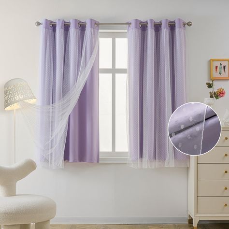 PRICES MAY VARY. Pleasent Experience: Made of 100% polyester fiber, high-quality fabrics give you a silky touch. Double-layer design, the front sheer and the back curtain achieve a perfect elegant look Product Information: Includes 2 curtain panels, Each panel measures 52" W x 63" L | Set measures 104" W x 63" L, and each curtain has 8 premium anti-rust grommets on the top Unique Design: This blackout curtain has a layer of polka dot sheer on the front, this unique design looks very high-end, up Aesthetic Room Curtain Ideas, Purple Room Theme Ideas, Lilac Curtains Bedroom, Room Decor Bedroom Curtains, Aesthetic Room Curtains, Light Purple Curtains, Bedroom Ideas Lavender, Lilac Curtains, Purple Curtains Bedroom