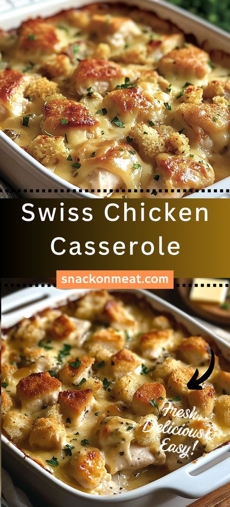 Swiss Chicken Casserole - Snack On Meat Chicken Stuffing Swiss Cheese Casserole, Chicken With Swiss Cheese Recipes, Chicken And Swiss Cheese Recipes, Chicken Swiss Cheese Stuffing Casserole, Recipes With Swiss Cheese, Chicken Thigh Casserole Recipes, Chicken Swiss Cheese, Swiss Cheese Chicken, Swiss Chicken Casserole