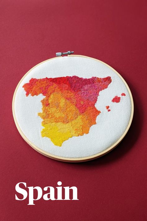 Spain cross stitch pattern. DIY colorful map design. Counted xStitch chart for instant download. Watercolor Spanish travel wall decoration Cross Stitch Map Pattern, Cross Stitch Map, Mirror Luxury, Travel Wall Decor, Map Pattern, Boho Embroidery, Handmade Sellers, Team Board, Sewing Embroidery