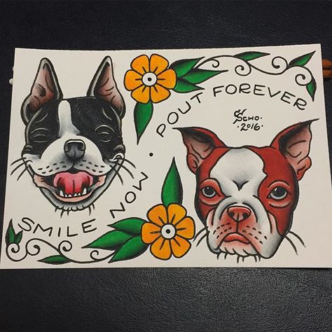 Do I want her smiling or her more usual pouty face? More Boston Terrier Tattoos from Cory Schofield Boston Terrier Tattoo, French Bulldog Tattoo, Pitbull Tattoo, Dog Skull, Americana Tattoo, Bulldog Tattoo, Wrist Tattoo Cover Up, Traditional Tattoo Inspiration, Cowgirl Art