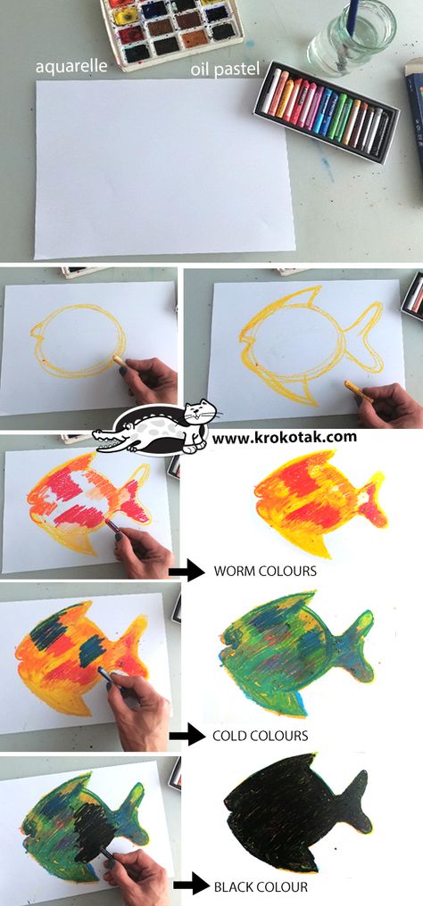 krokotak | Scraping painting with oil pastel Elementary Oil Pastel Projects, Oil Pastel Art Lessons Elementary, Oil Pastel Art For Kids, Oil Pastel For Kids, Crayola Art, Scrape Painting, Summer Art Projects, 8th Grade Art, Children Activities