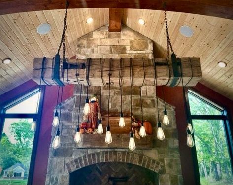 Outdoor Reclaimed Wood Beam Fireplace Mantels 922 - Etsy Beam Light Fixture, Rustic Farmhouse Light Fixtures, Wood Beam Chandelier, Barn Beam Lighting, Rustic Farmhouse Lights, Beam Chandelier, Rustic Beams, Paul Miller, Galvanized Light