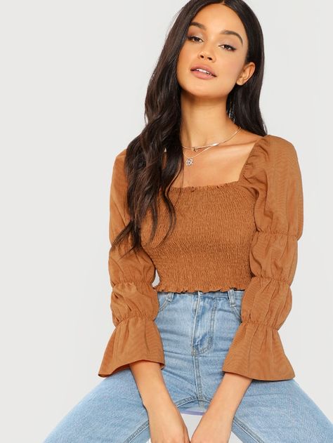 Elasticized Puff Sleeve Shirred Crop Top -SheIn(Sheinside) Marie Sleeve, Smocked Shirt, Shirred Crop Top, Shirred Blouse, Shirt Crop Top, Crop Tops Online, Puff Sleeve Crop Top, Puff Long Sleeves, Cropped Tops