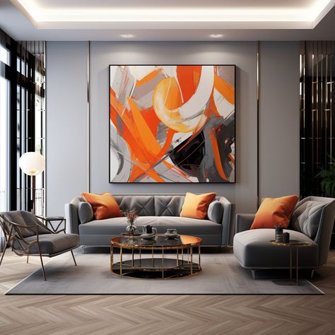 Orange, Gray, and White Modern Contemporary Abstract Wall Art Painting - Digital Print Download for Canvases and Posters. This high-resolution 300 DPI file may be printed in landscape or portrait orientation on canvases and posters of various sizes, including larges sizes such as 36" x 36" and 32" x 48." Burnt Orange And Grey Color Palette, Black Couch Orange Pillows, Dark Gray And Orange Living Room, Black White Orange Living Room, Orange And Black Living Room Decor, Gray And Burnt Orange Living Room, Burnt Orange And Gray Living Room, Orange Grey Bedroom, Burnt Orange And Grey Living Room