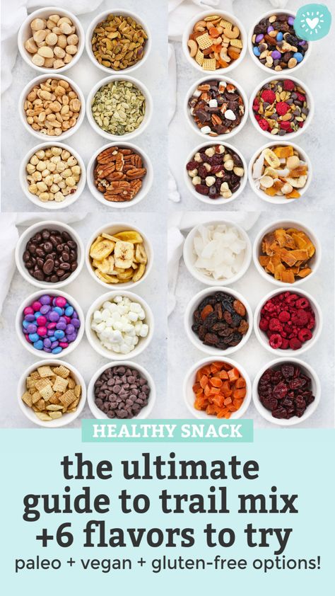 How to Make the BEST Trail Mix - Try this DIY Trail Mix Bar to make a week of healthy snacks in no time with these yummy trail mix ideas! Try our favorite flavor combinations or create your own. Gluten free, vegan, paleo, and Whole30 options! // Paleo snack // Trail Mix // Gluten free snack // Vegan snack #trailmix #glutenfree #vegan #paleo #snack #healthysnack Trailmix Bar Ingredients, Build Your Own Trail Mix Bar, Diy Trail Mix Recipe, Trail Mix Ideas, Diy Trail Mix Bar, Gluten Free Snack Mix, Healthy Trail Mix Recipes, Healthy Snack Mix, Trail Mix Ingredients