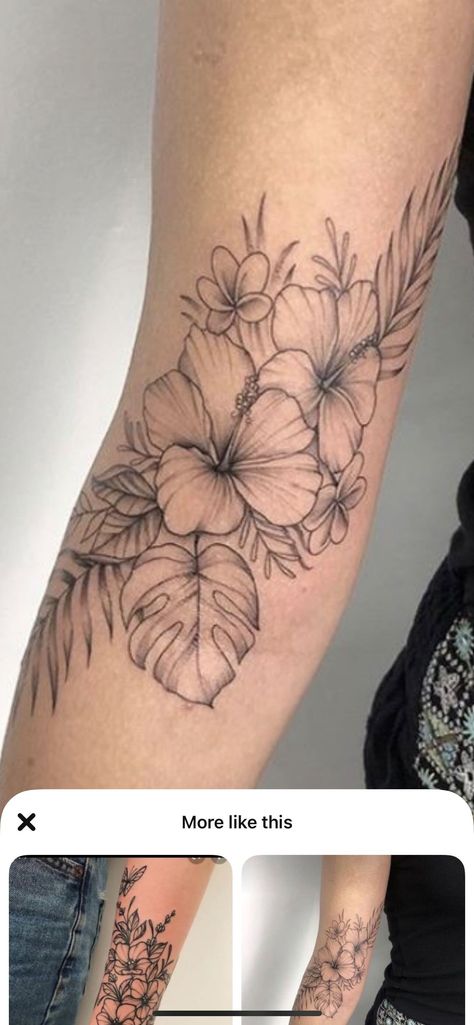 Hibiscus And Plumeria Tattoo, Plumeria Tattoo, Flower Shoulder Tattoo, Hibiscus Tattoo, Forearm Tattoo Women, Tat Ideas, Fine Line Tattoos, Hibiscus Flower, Line Tattoos