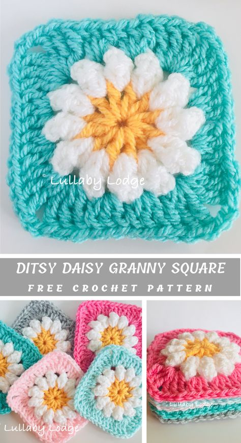 Perfect Crocheted Daisy Granny Afghan Block Free Pattern Easy Crochet Projects For Beginners Step By Step Granny Squares, Types Of Granny Squares Free Pattern, Granny Square With Flower Center, Granny Square Types, Types Of Granny Squares, Crocheted Daisy, Crochet Flower Granny Square Pattern, Square Craft, Sunburst Granny Square