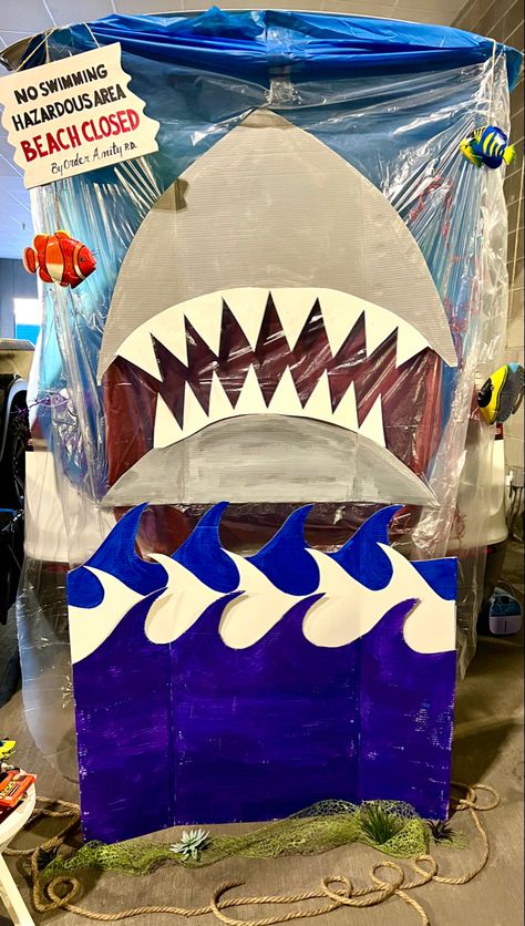 Shark Week Trunk Or Treat, Shark Trunk Or Treat Ideas For Cars, Jaws Trunk Or Treat Ideas, Shark Trunk Or Treat, Under The Sea Trunk Or Treat, Jaws Halloween, Jaws Shark, Shark Halloween, Ocean Birthday