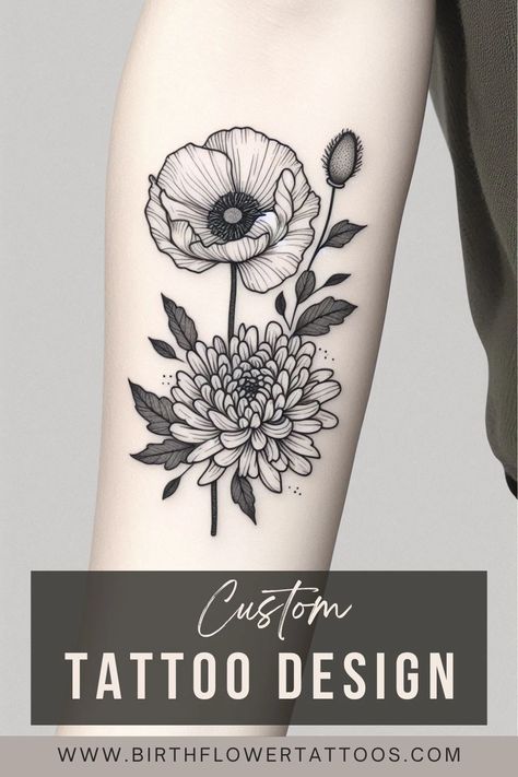 🌼✨Poppy and Chrysanthemum Flower Tattoo – August & November Birth Flowers in Doodle Style✨🌿 August And November Birth Flower Tattoo, White Poppy Tattoo, November Birth Flowers, Marigold Flower Tattoo, November Birth Flower Tattoo, August Birth Flower Tattoo, Chrysanthemum Flower Tattoo, November Flower, Poppy Flower Tattoo