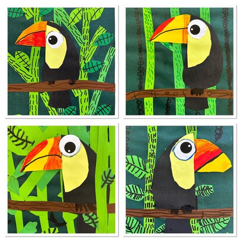 Toucan Art Project, Jungle Theme Art Projects, Brazil Art Projects For Kids, Toucan Art For Kids, Rainforest Art For Kids, Jungle Crafts For Kids, Bird Art For Kids, Jungle Art Projects, Kindergarten Collage