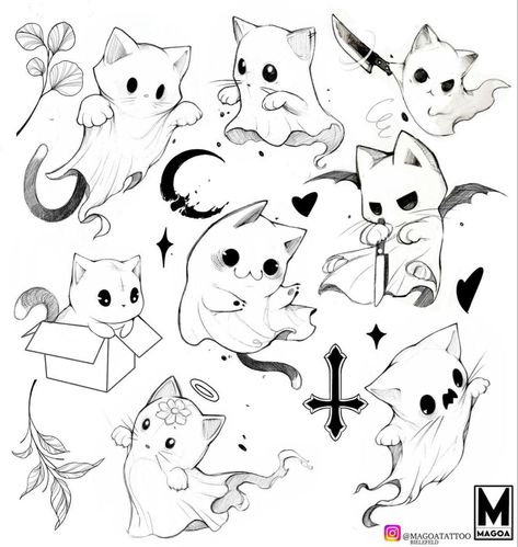 Small Cat Drawing, Halloween Sketchbook, Halloween Tattoo Flash, Hours Drawing, Tattoos Color, A Ghost Story, رسم كاريكاتير, Tattoo Reference, Ghost Tattoo