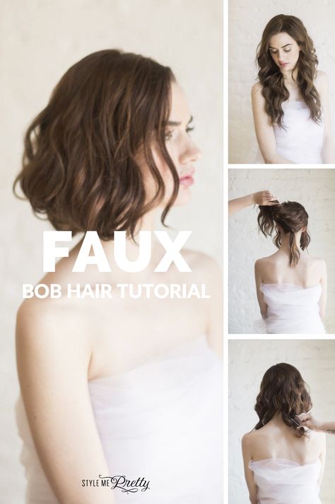 Fake Bob Hairstyle, How To Faux Bob Hair, Faux Flapper Bob, Faux Bob For Long Hair 1920, Fake Short Hair Tutorial, Faux Bob For Long Hair Tutorials, How To Make A Bob With Long Hair, Faux Bob 1920s, Long Hair Into Faux Bob