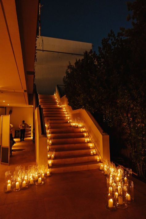 Stairs decorated with a lots of candles Candle Lit Staircase, Candles Stairs Wedding, Candles On Stairs Wedding, Wedding Stairs Decor, Candles Stairs, Staircase Candles, Candles On Stairs, Palace Wedding Decor, Candle Staircase