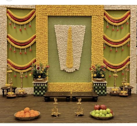 Gruhapravesam Backdrop Decoration, Pellikoduku Function Decoration, Housewarming Backdrop Ideas, Dhoti Ceremony Decorations, Upanayanam Decoration Ideas, Dhoti Function Decoration, House Warming Decorations Indian In Usa, Pelli Koduku Decoration At Home, House Warming Decorations Indian Simple