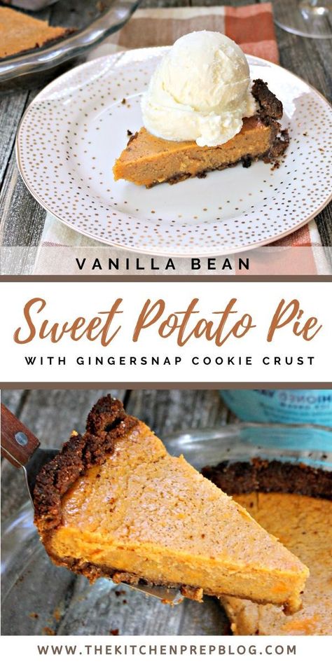 Vanilla Bean Sweet Potato Pie with Gingersnap Cookie Crust! Move over pumpkin pie, there's a new Thanksgiving dessert in town! Classic sweet potato pie is upgraded with the addition of vanilla bean paste and baked into a zippy gingersnap cookie crust. Topped with a scoop of Tillamook Old Fashioned Vanilla Ice Cream, this slice is sure to be the talk of the town.  AD #tillamook_partner #TogetherWithTillamook​​​​​​​ Old Fashioned Vanilla Ice Cream, Recipe For Sweet Potato Pie, Patti Labelle Recipes, Fudge Stripe Cookies, Freeze Sweet Potatoes, Vanilla Bean Paste, Sweet Potato Pies Recipes, Gingersnap Crust, Holiday Pies