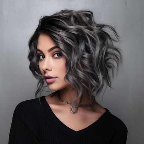 Short Grey And Black Hair, Grayish Hair Color, Medium Grey Haircuts, Gray And Silver Highlights On Black Hair, Dark Brown Hair With Highlights To Cover Gray, Black To Grey Ombre Hair Short, Hair Color With Gray Highlights, Blending Greys Into Black Hair, Dark And Grey Hair