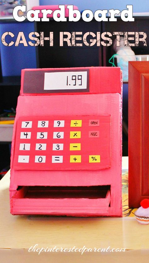 DIY Cardboard Cash Register for pretend play - made with 1 box Register Counter Ideas, Cash Register Counter Ideas, Cardboard Cash Register, Cash Register Counter, Girls Valentines Boxes, Diy Valentines Box, Cardboard Ideas, Counter Ideas, Cardboard Fireplace