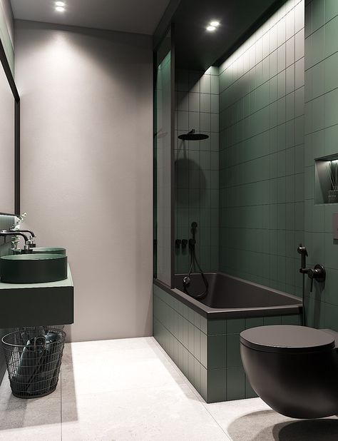 Bathroom Tiles Design Ideas, Toilet Design Modern, Bathroom Interior Design Modern, Small Bathroom Interior, Dark Bathrooms, Bathroom Tile Designs, Bathroom Design Decor, Green Bathroom, Interior Design Portfolio