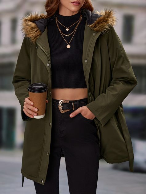 Verde militar Casual Collar manga larga Tela tricotada Liso Parka Embellished No-Elástico  Ropa de Exterior para Mujer Army Green Jacket Outfit, Green Parka Outfit, Green Jacket Outfit, Parka Outfit, Green Parka, Womens Boho Dresses, Black Polka Dot Dress, Army Green Jacket, Boohoo Dresses